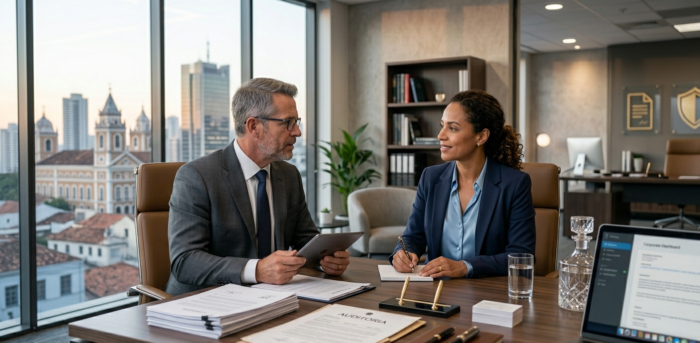 Auditor fiscal conversando com gestor durante fiscalização do trabalho na empresa