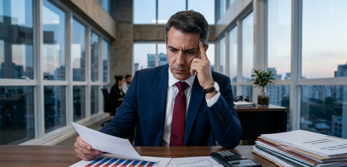 Empresário calculando os custos de um processo trabalhista em seu escritório