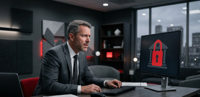 Empresário preocupado ao descobrir bloqueio judicial na conta da empresa