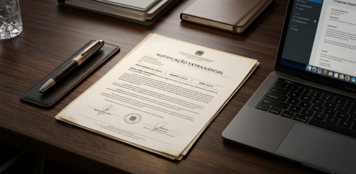 Notificação extrajudicial em papel timbrado sobre uma mesa de escritório, ao lado de uma caneta e um notebook.