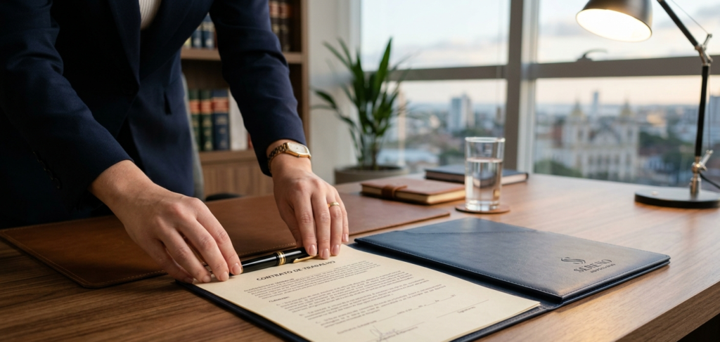 Gestor jurídico organizando documentos sobre rescisão indireta do contrato de trabalho em escritório moderno.