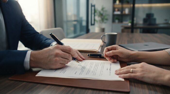 contrato de prestação de serviços sendo assinado por empresário